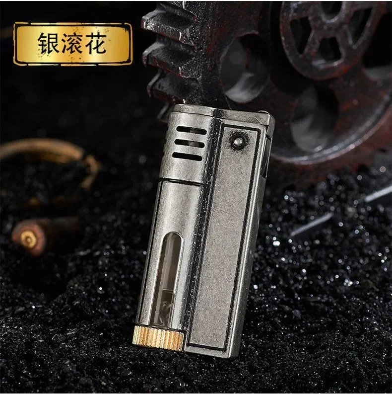 Retro Transparent Oil Tank Kerosene Lighter Windproof Men\'s Old-fashioned Grinding Wheel Creative Metal Lighter Men\'s Gift