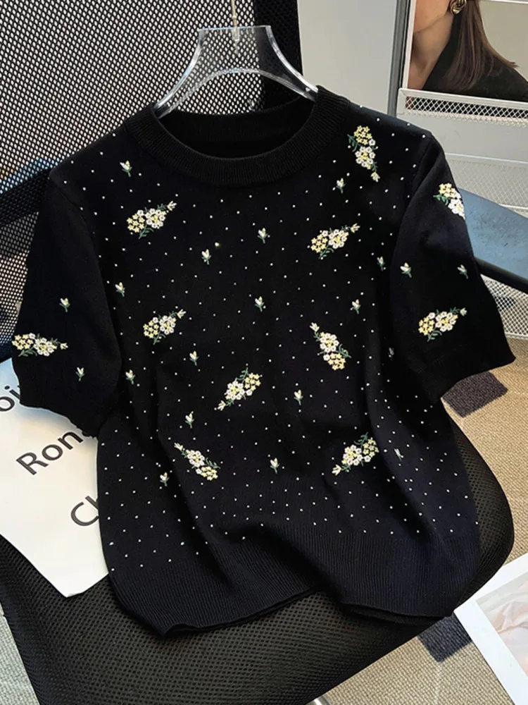 Fashion Flower Embroidered Short Sleeved Knitted T-Shirt For Women Summer New Designer Chic Diamond Loose Sweater Pullover Tops