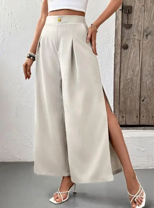 Letnie nowe spodnie z szerokimi nogawkami w jednolitym kolorze z wysokim stanem Wygodne spodnie damskie z szerokimi nogawkami w jednolitym kolorze z wysokim stanem
