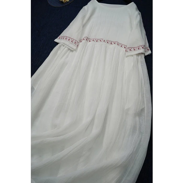 Verão artístico simples bordado cinco quartos Sve Dr feminino viagem Sle Elely round Ne camada dupla queimada A-...