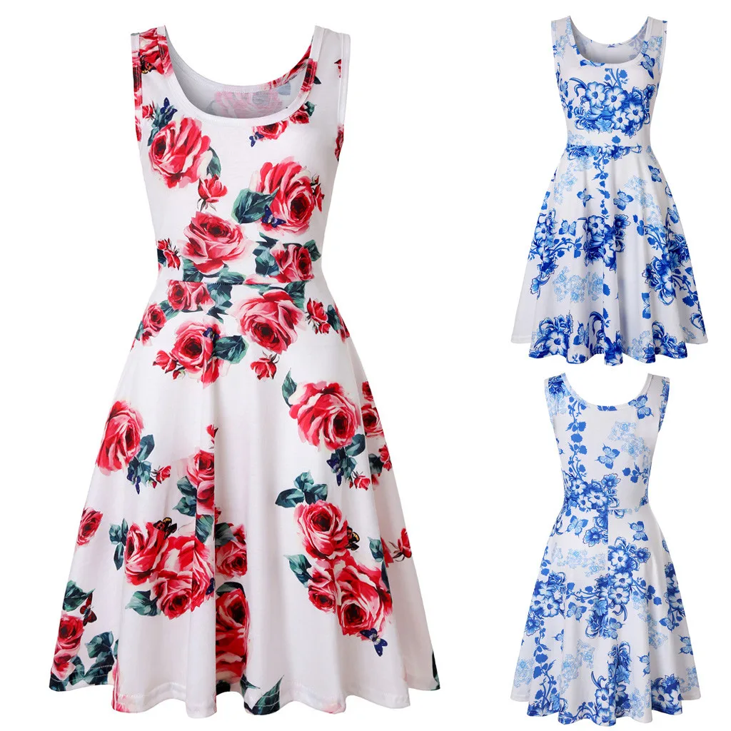 Print Zonnejurk Casual Sweet Dames Mouwloze Bloemenprint Zomer Strand A Line Casual Jurk Feestjurk Strandjurk Vestidos