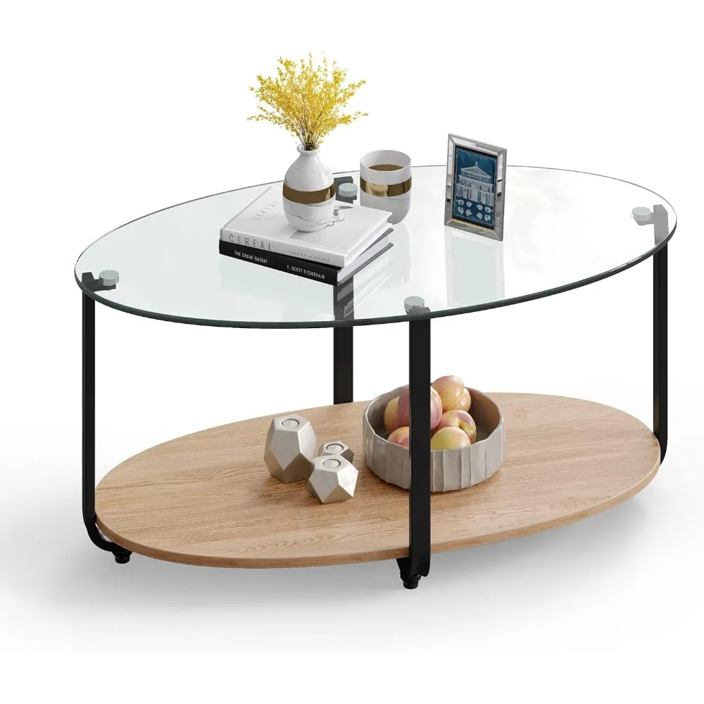 Glass Coffee Table, 2 Tier Oval Tea Table with Tempered Glass Tabletop and Wooden Shelf, Modern Glass Sofa Center Table