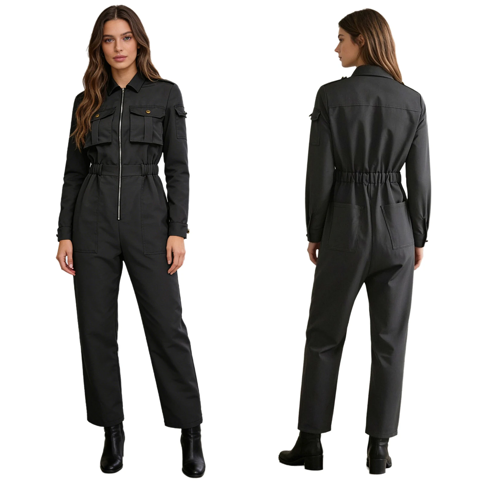 

Женский комбинезон с длинными рукавами, на молнии, с эластичной талией, широкими штанинами и карманами, модная уличная одежда, повседневная одежда