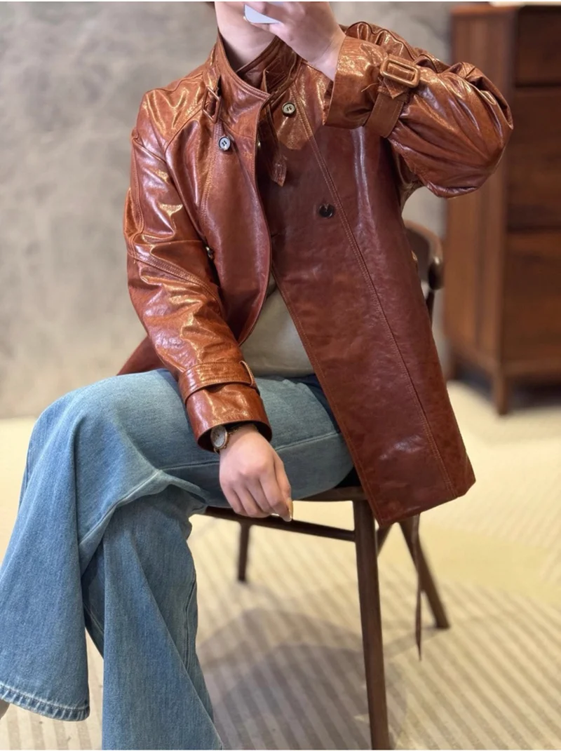 Fashion Tanned Sheepskin Leather Jacket for Women 2026 New Stand Collar  Pleated Waist Midi Long Coat Brown Jacken Dame