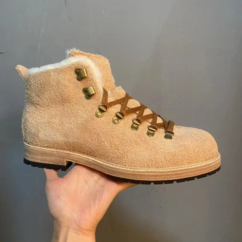 Handmade Custom Cow Suede Cowhide Outdoor Hiking Boots Men's Shoes High Top Thick Sole Autumn Winter Wool Warm Genuine Leather