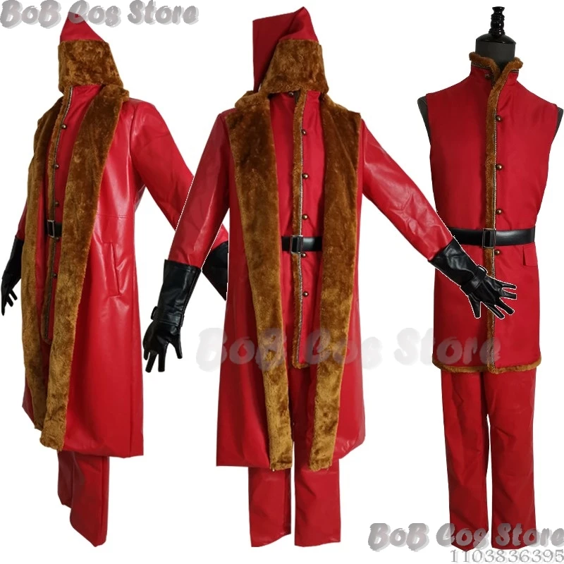 

Red Leather Winter Suit Father Christmas Santa Claus Cosplay Costume Red Full Set Hat Gloves Coat Pant Man Women Party Roleplay