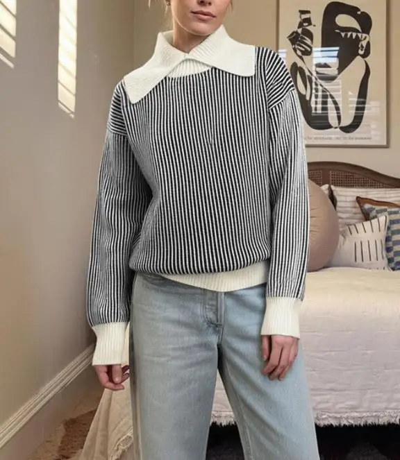 

Women Sweater 2025 Spring Autumn Fashion New Retro Striped Mock Collar Long Sleeve Loose Versatile Casual Daily Pullover Sweater