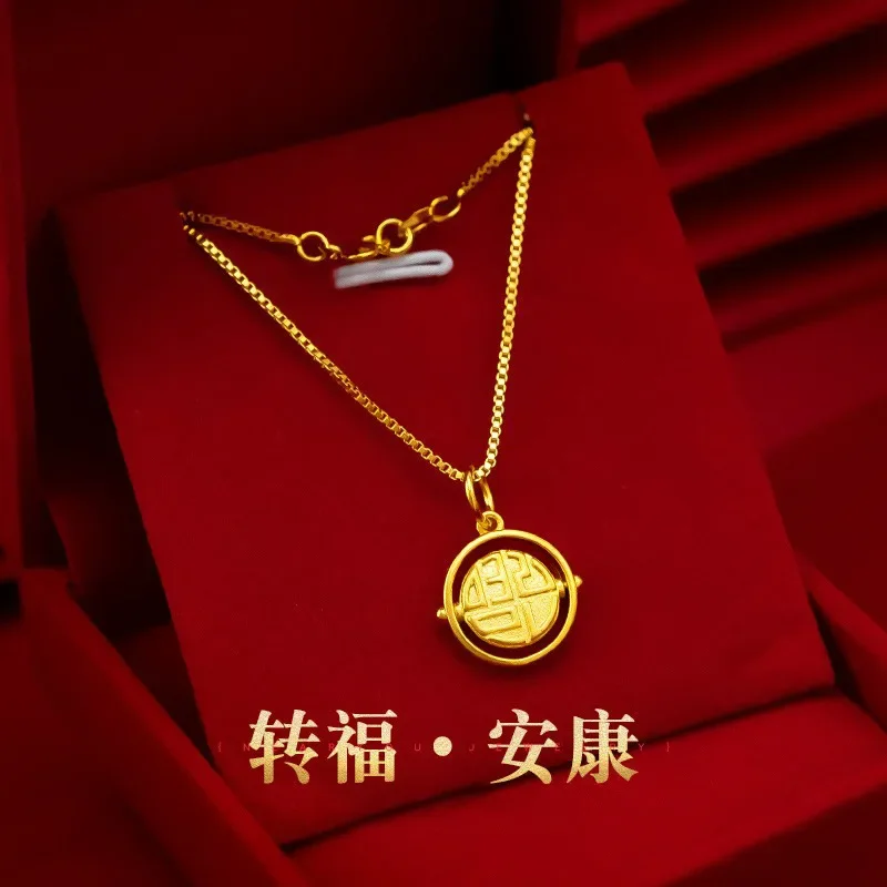 9999 Real Gold 24K version rotating blessing character pendant necklace women's smart ethnic style blessing character necklace