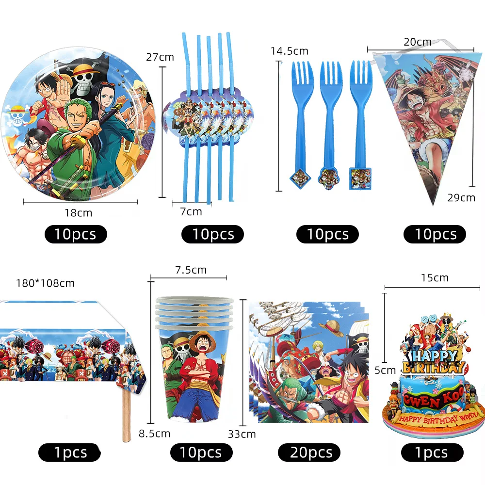 

One Piece Birthday Decor Luffy Zoro Disposable Party Plates Balloon Decor Key Chain Cake Decor Boy Baby Shower Party Supplies