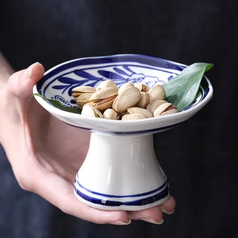 New Chinese Dessert Tall Plate Small Snack Refreshment Plate Retro Ceramic Plate Afternoon Tea Snack Household Goods