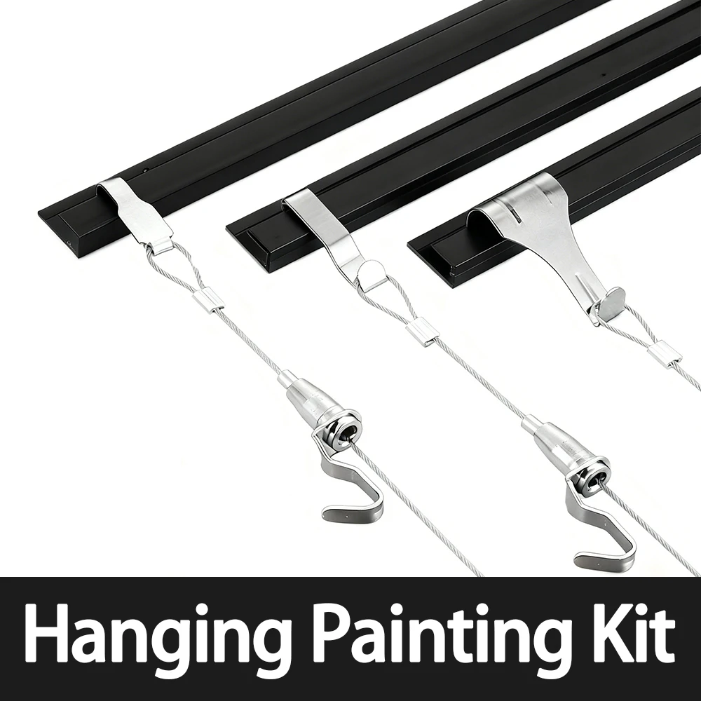 2-4PCS L-shaped Rail Hanging Stainless Steel Rope Kit with Adjustable Hooks for Picture Hanging System Used in Art Exhibitions