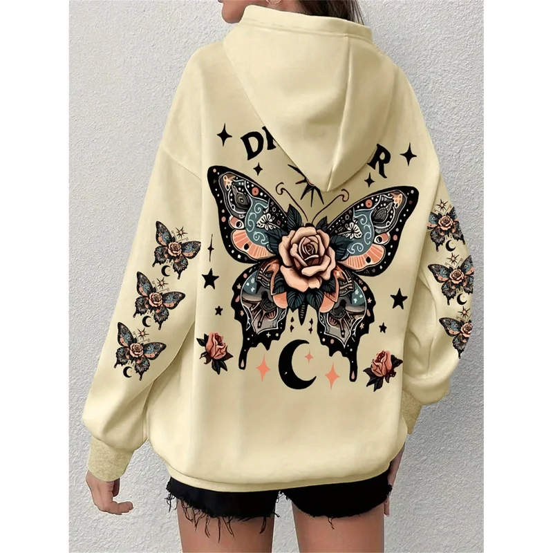 This year's new butterfly print drawstring hoodie，Casual long-sleeve kangaroo pocket hooded sweatshirt