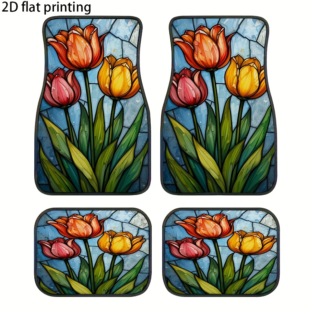 4pcs Car Floor Mats, Colorful Tulip Floral Glass Window Design, Made Of, Universal Car Mats, Automotive Decorative Additions, Su