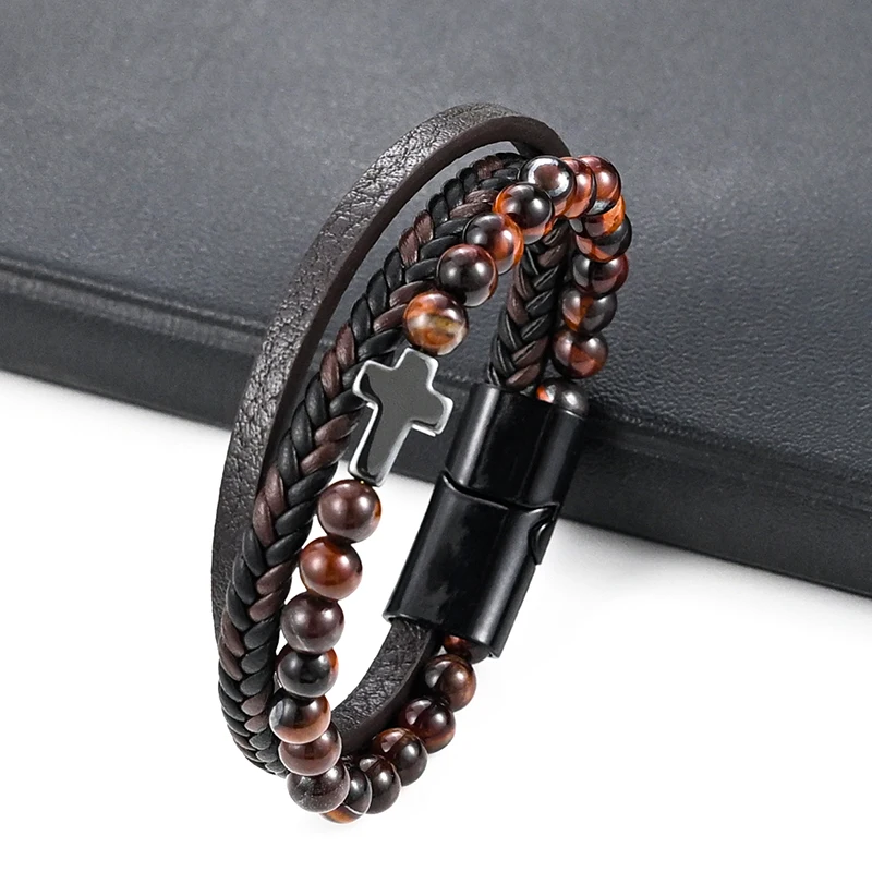 

Leather Bracelet Men Punk Hip Hop Metal Charm Tiger Eye Stone Beads Multi-Layer Bracelet For Men Fashion Jewelry Gift