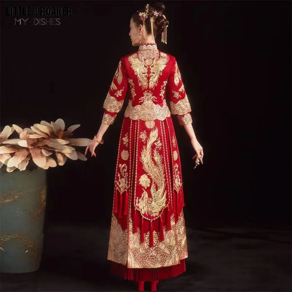 Robe de mariée traditionnelle chinoise pour hommes et femmes, Cheongsam, Phoenix, vêtements de mariée brodés, qipao doré