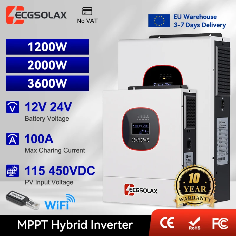 ECGSOLAX Nowy Model 1.2KW 2KW 3.6kW Hybrydowy Inwerter Solarny 12V 24V 230Vac z Ładowarką Solarną MPPT 100A, Off-grid Hybrydowy Inwerter Solarny, Maks. Napięcie PV 450VDC do użytku z akumulatorami 12V