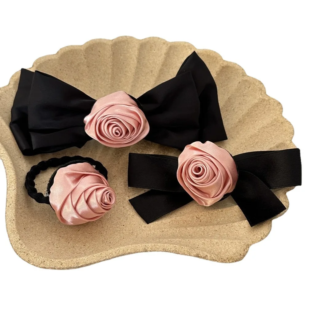 Korean Fashon Stylish Vintage Rose Hairclip French Hairstyle  Black and Pink Hair Accessories for Girls and Women Hairties