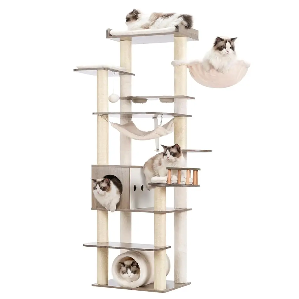 

Cat Tree, 63"" Tall Wood Cat Tower For Indoor Cats Large Adult, Modern Cat Condo With Scratching Post And Food Station, Cat