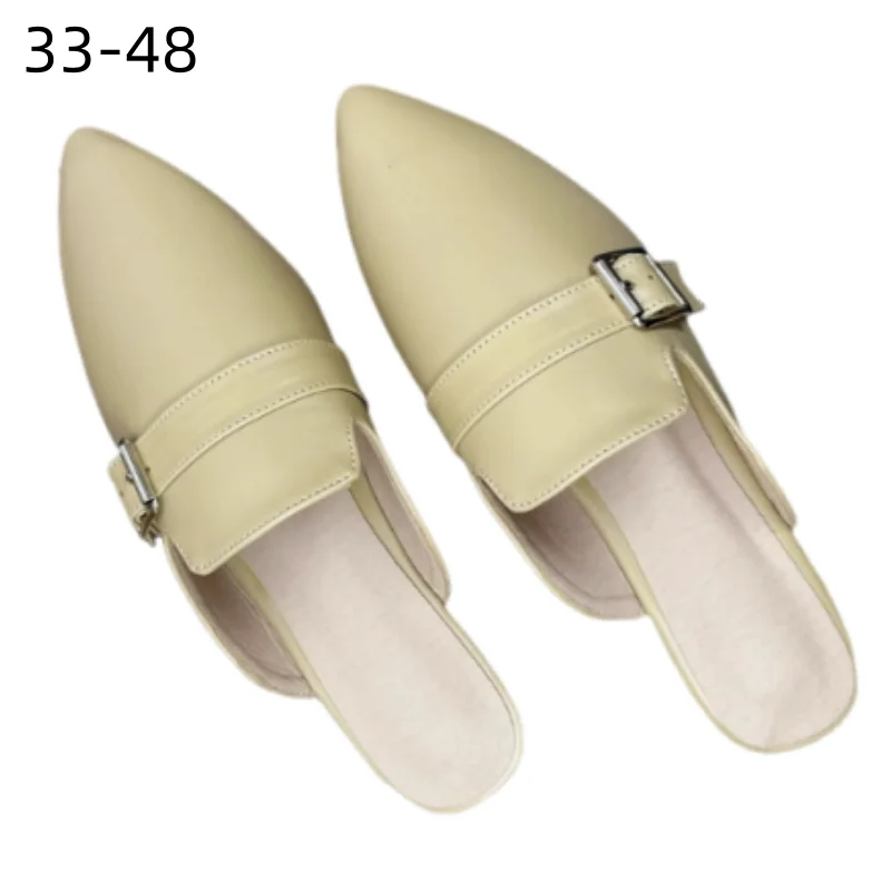 

Lady Leather Buckle Strap Slides Front Closed Toe Pointy Tip Yellow Khaki Flat Slippers Black Sole Summer Outdoor Shoes Wide Fit