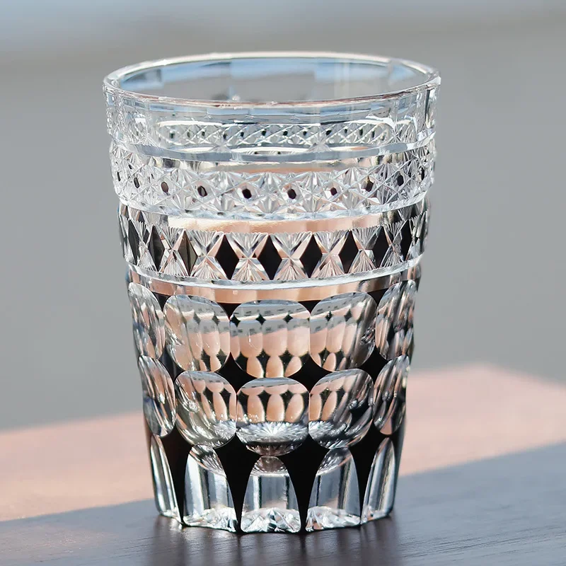Edo Kiriko Sun God Carved Crystal Whiskey Tumbler Vintage Embossed Rocks Glass Luxury Bar Gift Glassware