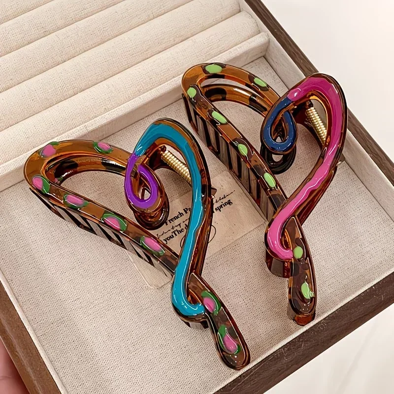 1/2Pcs Women Vintage Color Contrast Heart Hair Claw Graffiti Drip Painting Shark Clip Back Head Hair Catch Hairpin