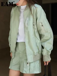 [EAM] Light Green Pocket Big Size Casual Jacket New Stand Collar Long Sleeve Women Coat Fashion Tide Spring Autumn 2024 1DH6591