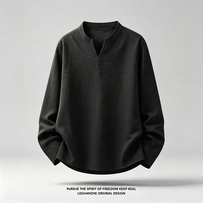 Autumn Mens Linen Textured Stand Collar Top Long Sleeve Split V Neck Loose Cut Breathable Apparel