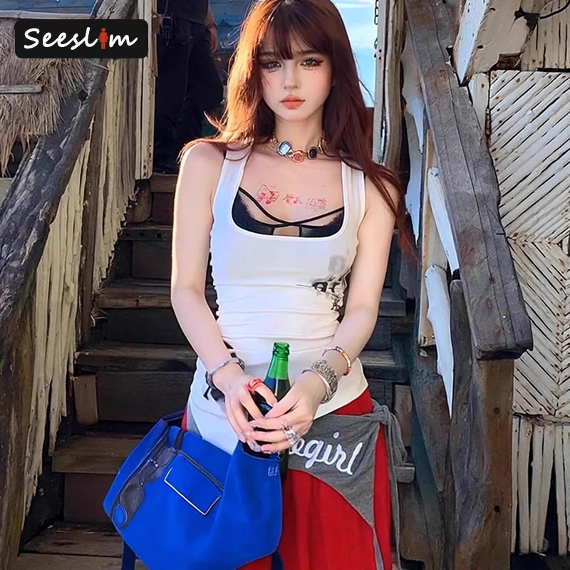 

Seeslim Hotsweet Two Piece Suit Tank Tops Print White Tanks Sleeveless Tshirt Summer Tops 2000s Clothes Y2k Sexy Black Camisole