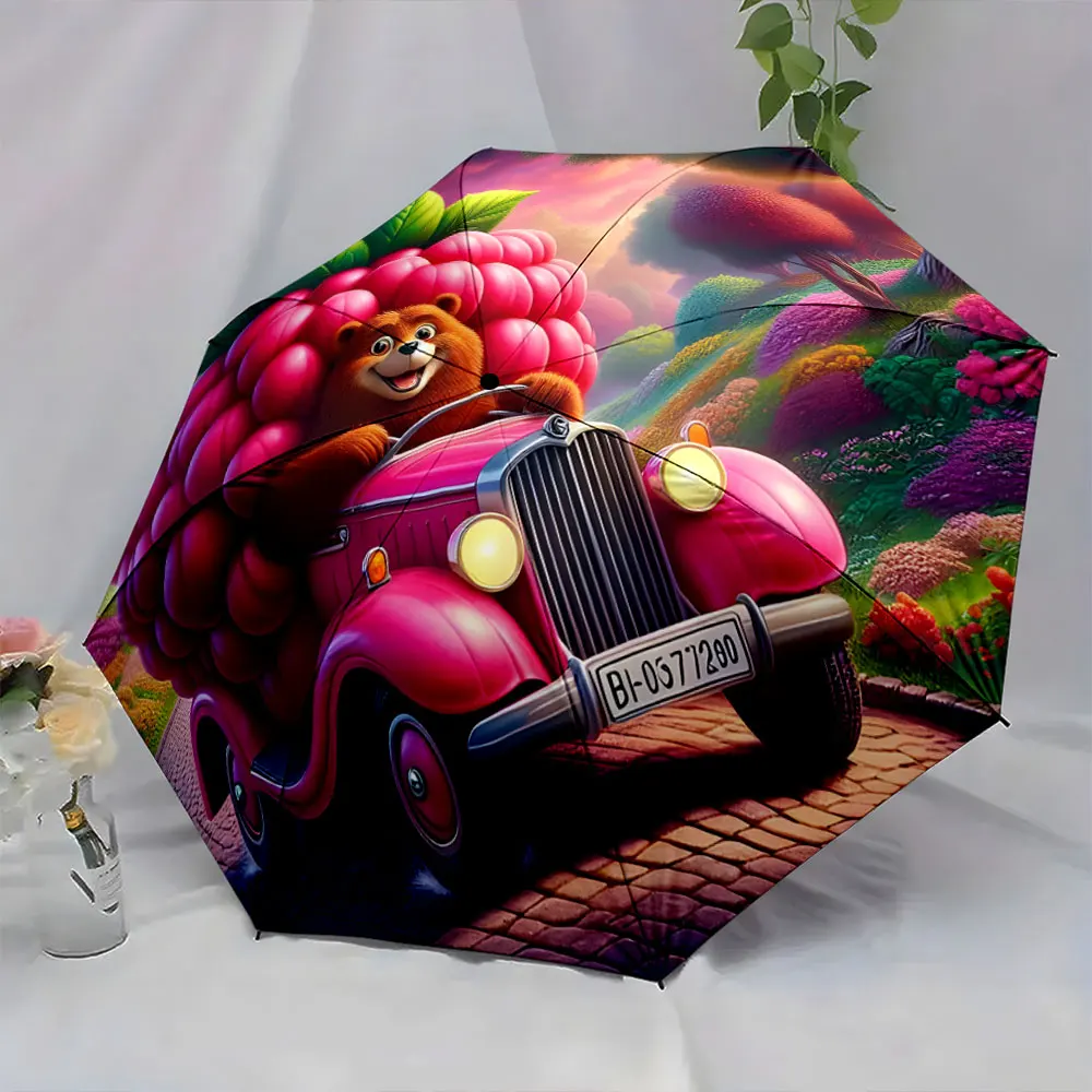 1PC Berry-themed umbrella with cheerful bear driving a car Print 8 Iron Ribs Folding Umbrella Auto-Open Fashion Sunshade