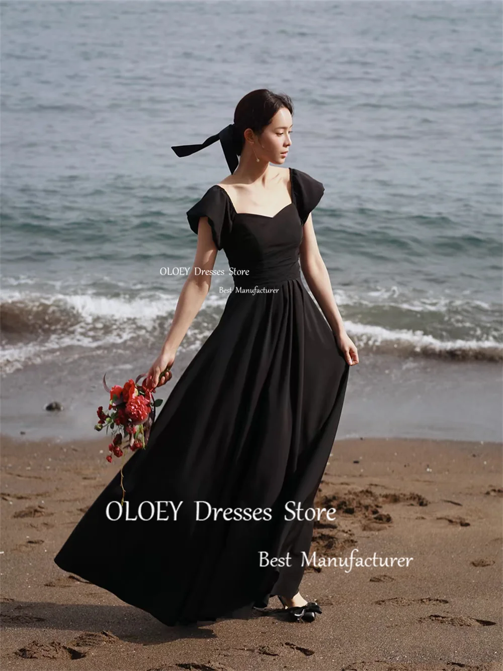 OLOEY-Robe de mariée noire simple, col carré, manches courtes bouffantes, robe de patients, longueur au sol, ligne A, robe de soirée, séance photo coréenne