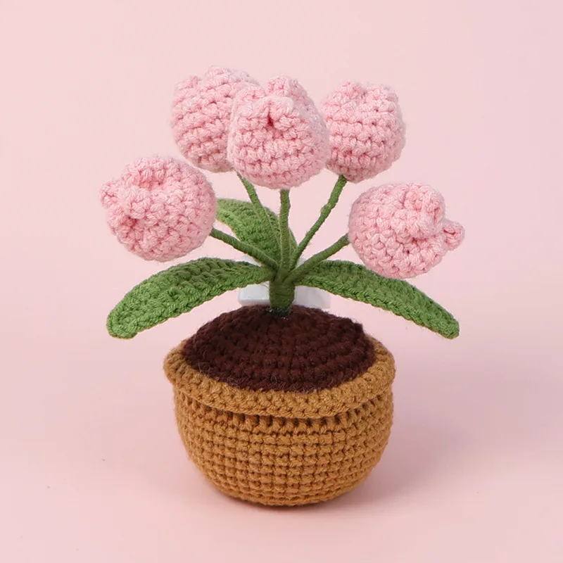 DIY Handwoven Mini Potted Flower Tulip Office Desktop Ornamental Plant Woolen Thread Finished Product Home Room Decoration