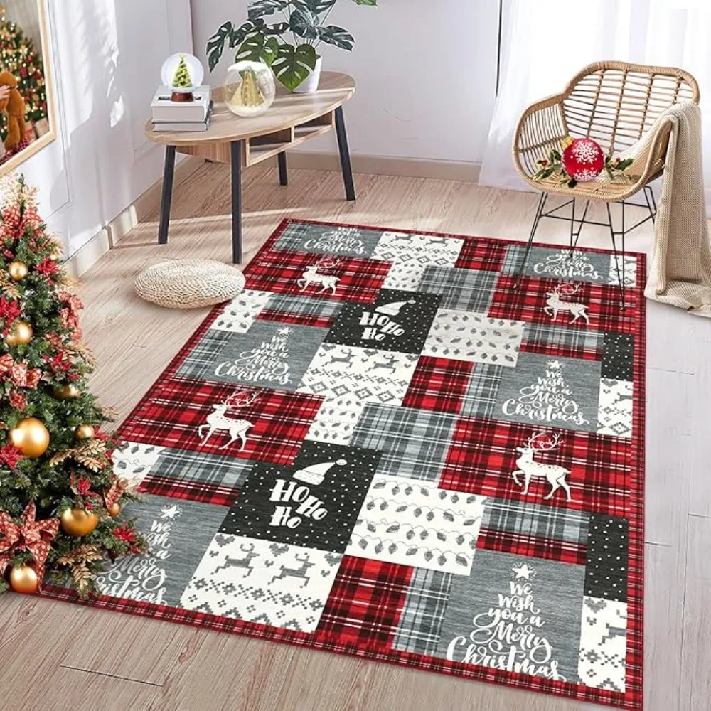 

Christmas Carpet Mat Rug Red Green Plaid Patchwork with Reindeer Merry Christmas HO HO HO Text Floor Mat for Home Decoration