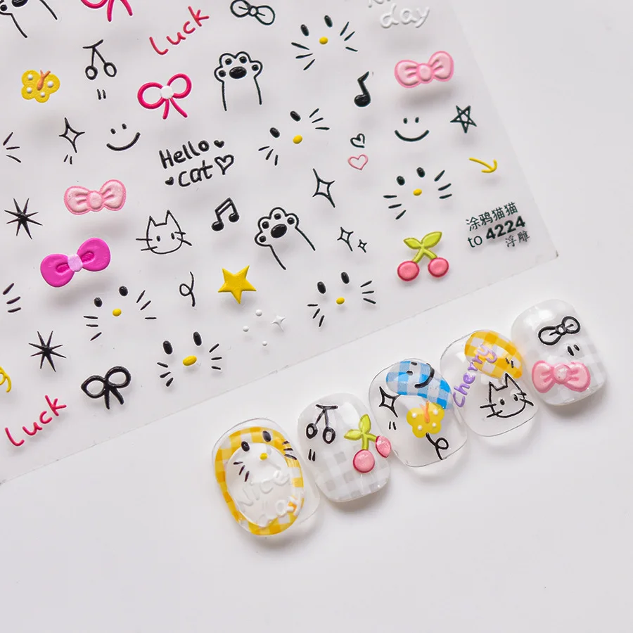 Autocollants pour ongles, dessin animé chat mignon étoiles lettres curseurs pour ongles Y2K coréen japonais Nail Art manucure décors Kawaii petit chat noir