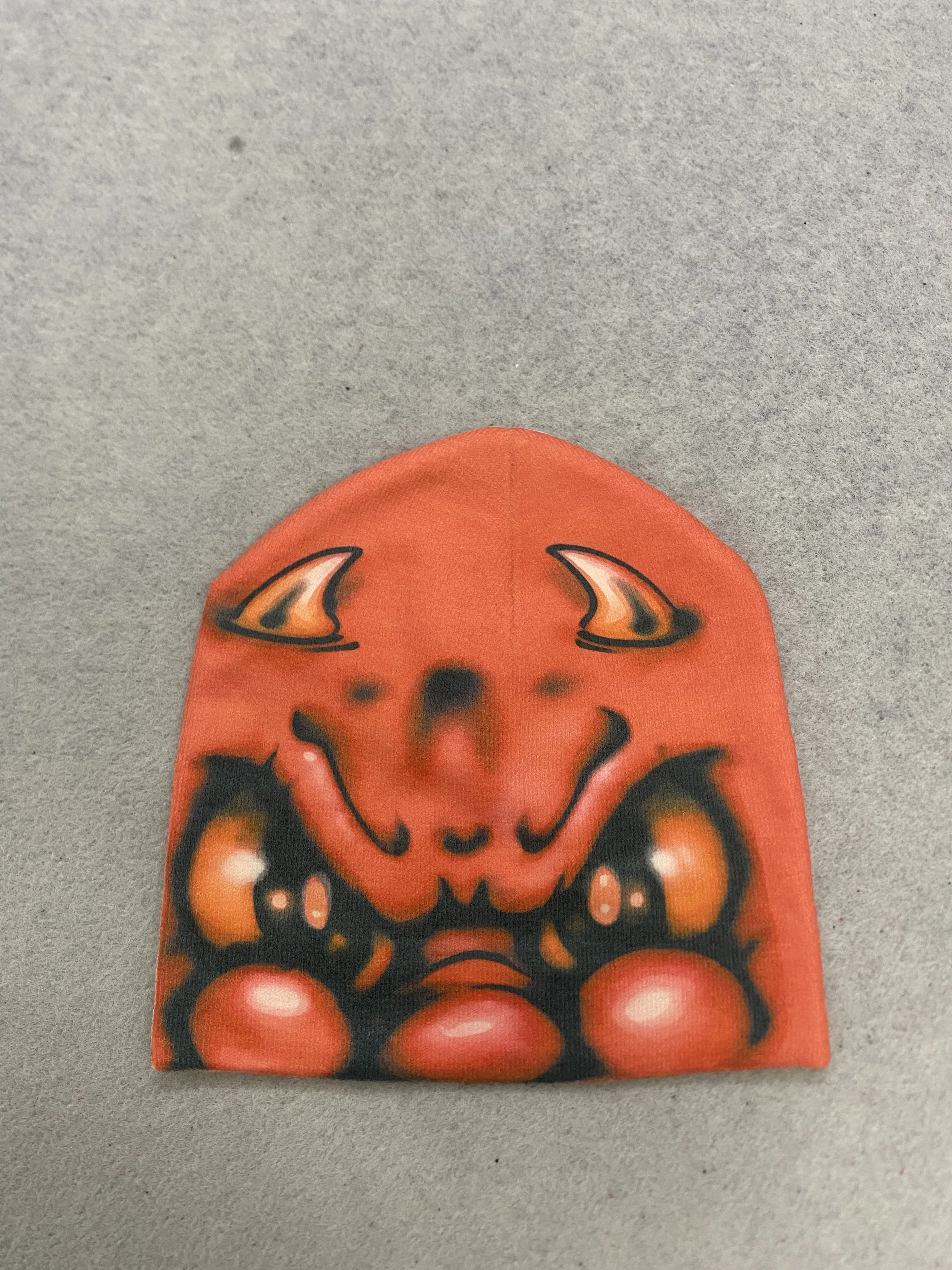 3D Stereoscopic Devil Monster Face Print Orange Red Knit Beanie Dark Street Style Pullover Hat