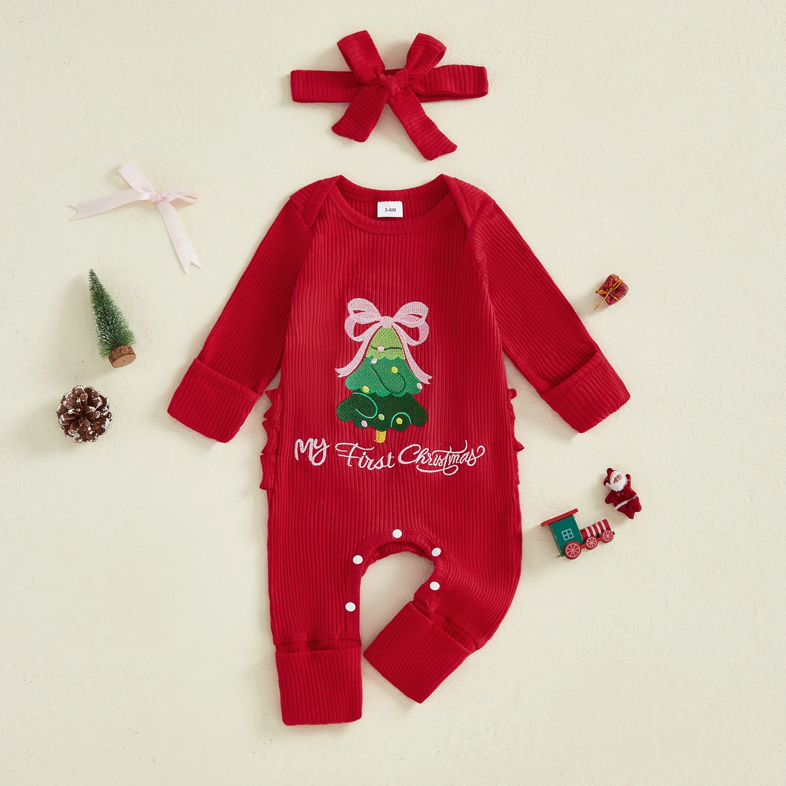 

Blotona Baby Girl Christmas Outfit Christmas Tree Letter Embroidered Long Sleeve Ribbed Romper and Bow Headband 2 Piece Set