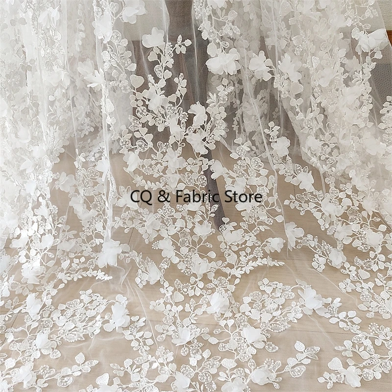 

White 3D Flower Beaded Embroidery Lace Fabric for Wedding Dress Evening Dress DIY Decorative Handmade Material Designer Fabric
