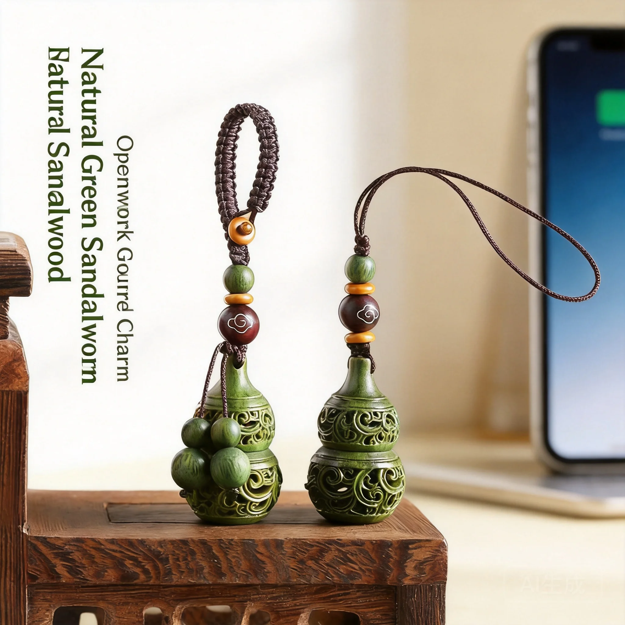 Natural Green Sandalwood Hollow Carved Gourd Keychain Pendant 2026 Chinese Style Sachet Ornament For Car Keys Phone Bags Men Wom