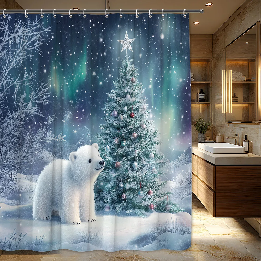 1pc Christmas Shower Curtain, Polar Bear Christmas Tree Aurora Winter Scene, With 12 Hooks, Festive Bathroom Decor