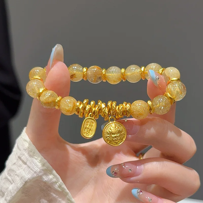 God of Wealth Coil Faux Golden Hair Crystal Bracelet New Ins Design Lucid Lucky Hand String for Girlfriend's Day Birthday Gifts
