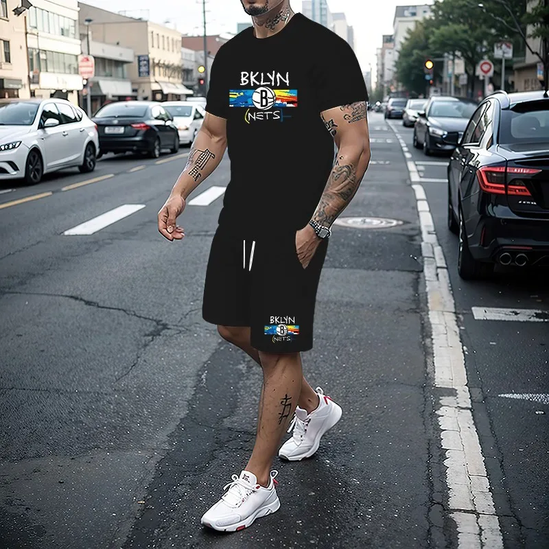 

2024 Summer Fashion New Brand Printed Men's Shorts Set Quick drying Breathable Sports Short sleeved T-shirt Jogging