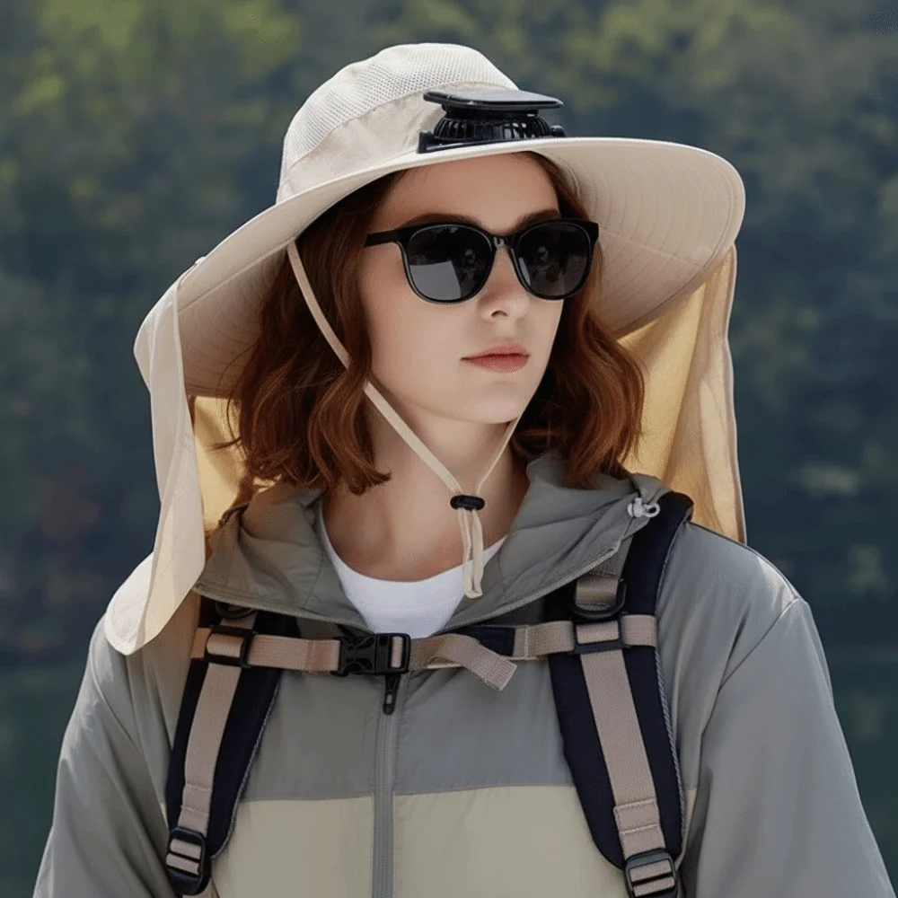 Gift UPF50+ Solar Fan Hat Waterproof with Shawl Wide Brim Hat Adjustable Sunscreen Fishing Hat Hiking