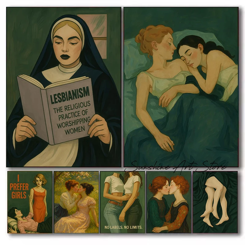 Romantic Lesbian Couples Sapphic Slumber Queer Grils Love Retro Painting Poster Canvas Painting Wall Pictures Home Bedroom Decor