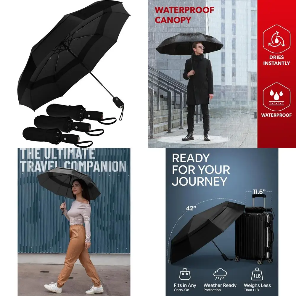 

Прочный складной зонт с автоматическим открытием — ветрозащита до 85 миль в час, идеально подходит для дождя и солнца, компактный, легкий, подходит для сумок и автомобилей