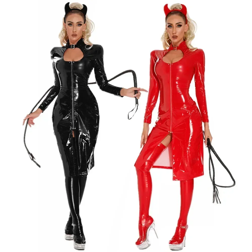 

Halloween Cosplay Costumes For Women Demon Game Dark Witch Costume PVC Wetlook Leather Coat Dress Sexy Evil Queen Uniform