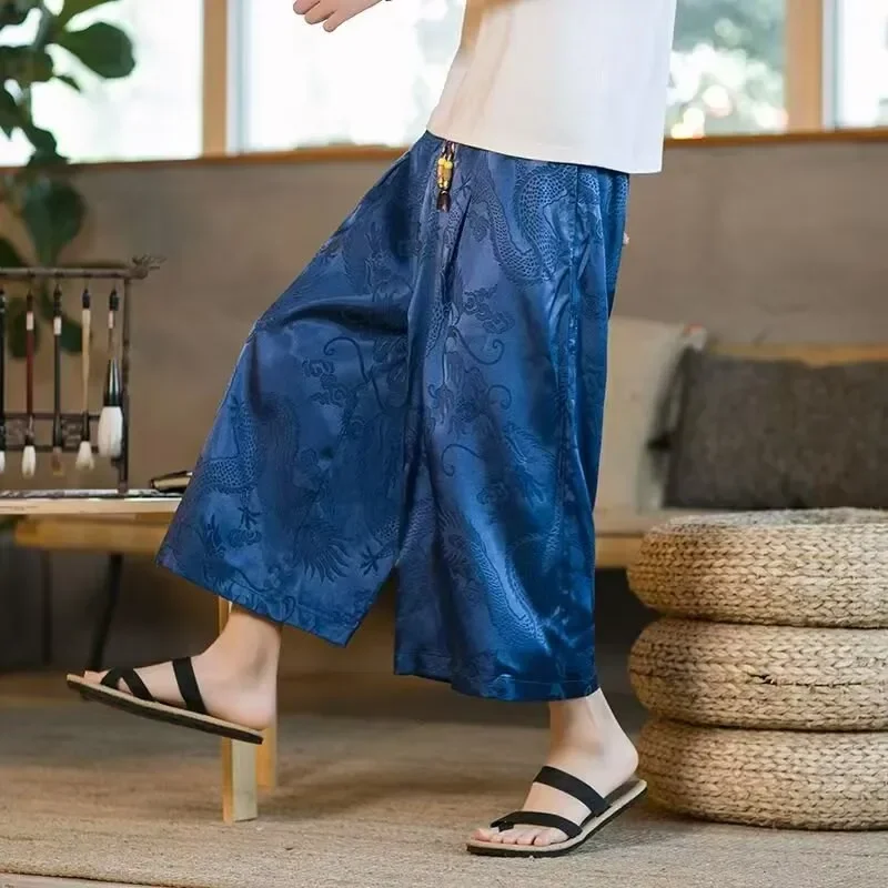 Black Brocade Pattern Loose Harem Shorts for Men Summer Casual Chinese Style Wide Leg Short Pants Comfortable Daily Wear