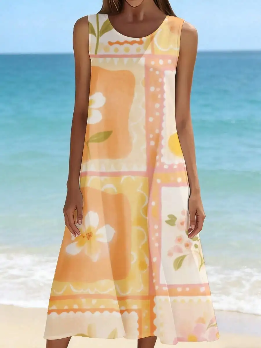 

Sleeveless Summer Floral Patchwork Dress In Orange Tones For Women Beach Vacation