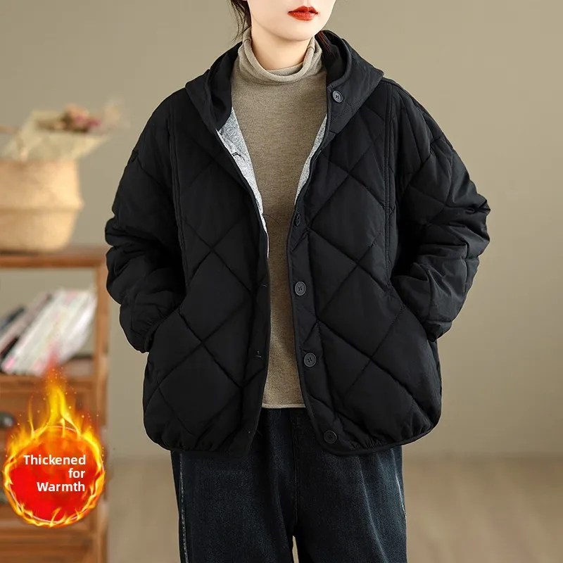 

Утепленная женская куртка с стеганой и флисовой подкладкой, хлопковое пальто с капюшоном, теплая однотонная верхняя одежда, маленькая хлопковая куртка