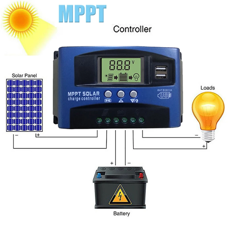Solar MPPT Charge Controller 100A 60A 30A with Dual USB LCD Display 12V 24V Regulator for Solar Cell Panel Charger with Load