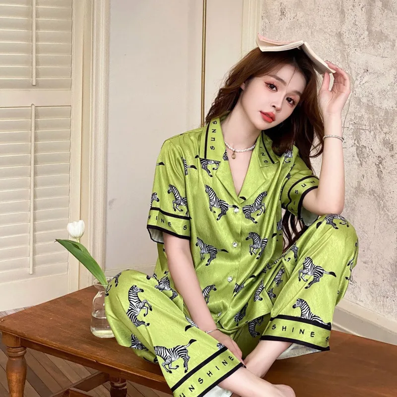 Ice Silk Pajamas, Women\'s Pajama Short Sleeved Long Pants, Thin Set, High-end Green Herringbone Pattern Zebra Casual Pyjama Stes