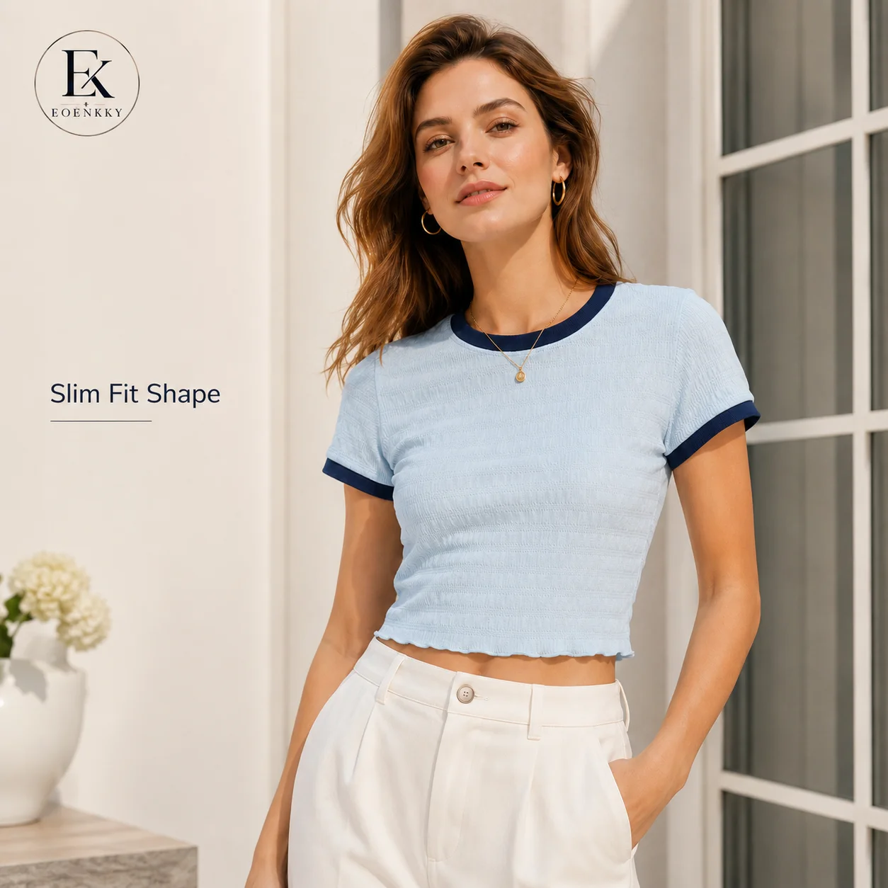 EOENKKY Women Textured Contrast Trim T Shirt Summer Slim Fit Short Sleeve Crop Top Round Neck Korean Ringer Tee